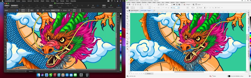 Uživatelská rozhraní sady CorelDRAW 2021 Mac (tmavé) a Windows (zdroj: Corel) CorelDRAW GS 2021 Mac Win-2111