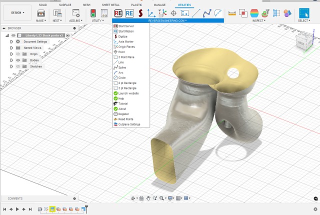 Potrubí motoru v Autodek Fusion 360 (zdroj: ReverseEngineering.com) Fusion 360 Engine Port scan ReverseEngineering com-2543