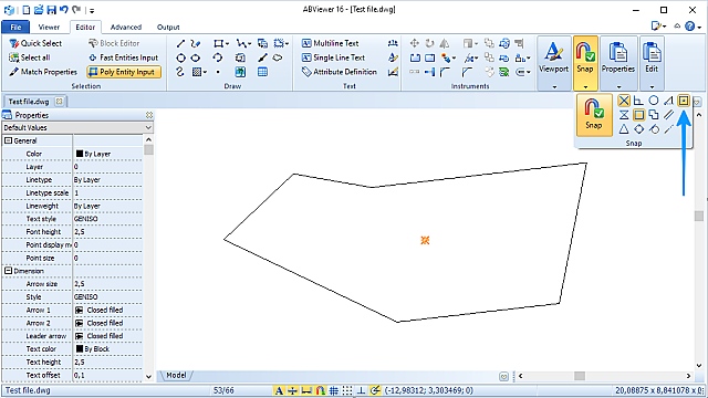 Přidáno geometrické středové přichytávání a možnost zobrazit jeho symbol pro uzavřené křivky. (zdroj: CADSoftTools) Obr9-center-snap-2548