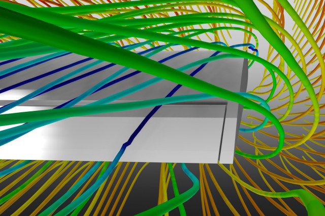 Virtuální realitu lze využít k prezentaci výsledků složitých analýz, simulace indukovaného odporu na koncích křídla letadla zvyšující spotřebu paliva a snižující jeho dolet (zdroj: Petr Fořt) proudeni 002-2545