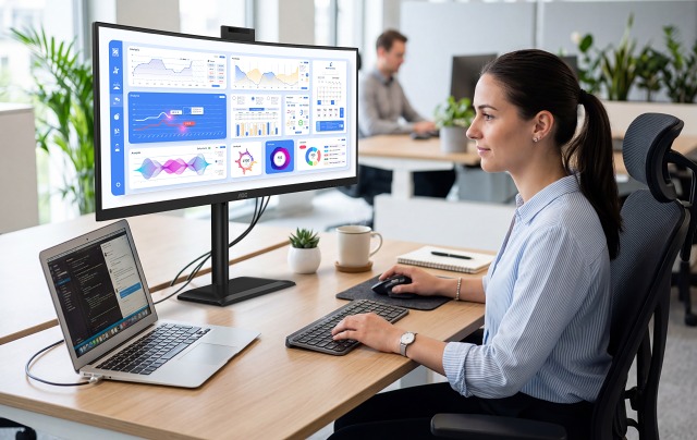 Zjednodušení pracovního prostoru díky jednomu plynulému připojení (zdroj: AOC) AOC E4 Lifestyle 16 CU34E4CW USB-C-2625