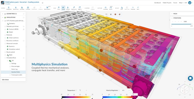 Uživatelské rozhraní SimScale zobrazující výsledky simulace modelu (zdroj: Onshape) 1 Onshape-Simscale-2632
