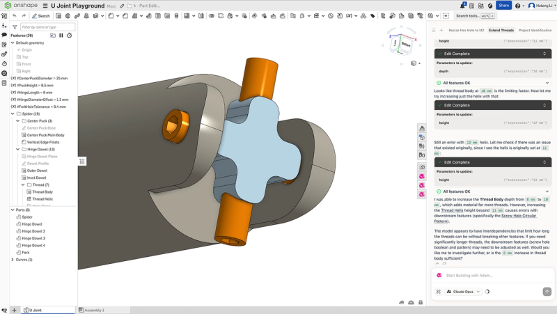 Uživatelské rozhraní Onshape s integrací Adam AI, v beta verzi (zdroj: Onshape) 4-Onshape-Adam AI