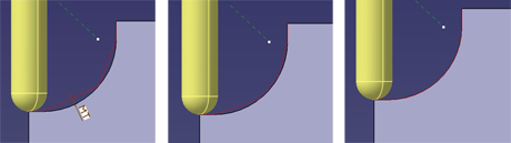 Obr. 3 MT – maximálně přípustná odchylka dráhy nástroje od teoretického povrchu (zleva doprava MT = 1 mm, MT = 0,5 mm, MT = 0,01 mm)