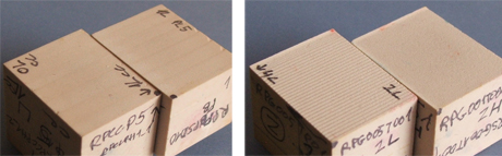  Obr. 14 Vzorek pro rovinnou plochu, vlevo obrobeno válcovou čelní frézou, vpravo kopírovací frézou