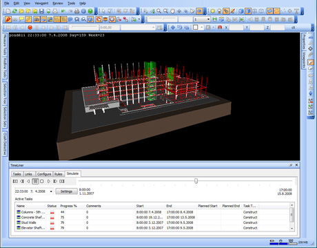 Po nastavení propojení modelu s časovým plánem je možno spustit simulaci výstavby a k danému datu model prověřit, komentovat a podobně.