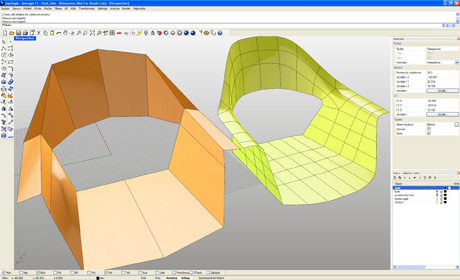 Výrazně optimalizovaný polygonový model (vlevo) a proložená T-Spline plocha