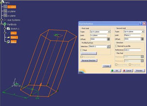 Obr. 8 Postup vytvoření šestibokého šikmého hranolu v Part Design CATIA V5