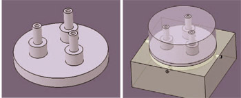 Obr. 4 Model součástky a model sestavy pro simulaci obrábění