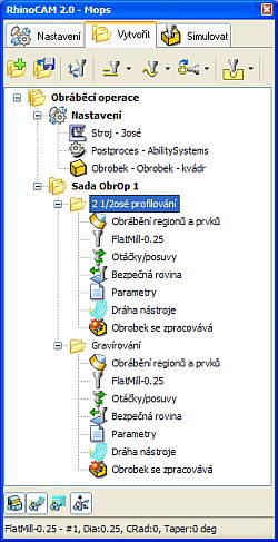 Okno Prohlížeče s rozvinutým stromem obráběcích operací