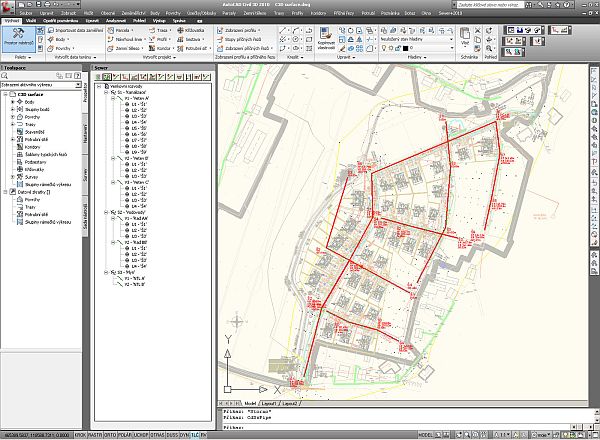 Obr. 1 : Ukázka zpracovaného projektu v AutoCAD Civil 3D a Sewer+