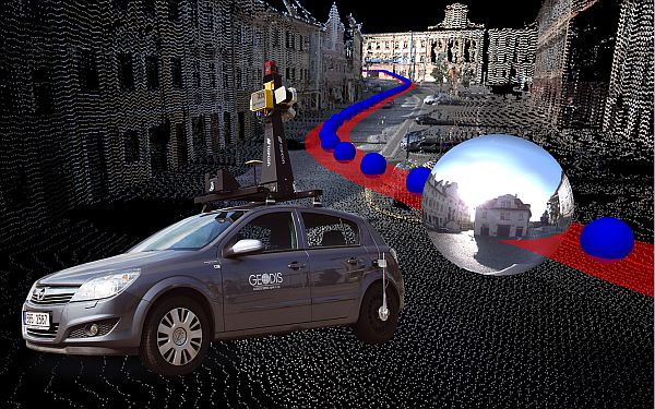 Obr. 2 Mobilní mapovací systém společnosti Geodis Brno s ukázkou pořizovaných dat