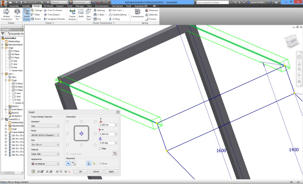 Umístění profilů v editoru Autodesk Inventoru