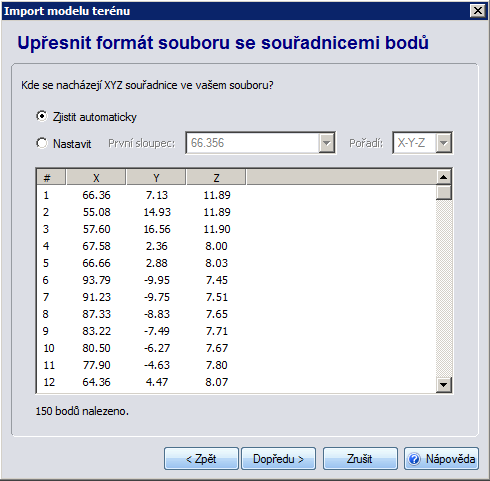 Náhled souřadnic bodů při importu modelu terénu