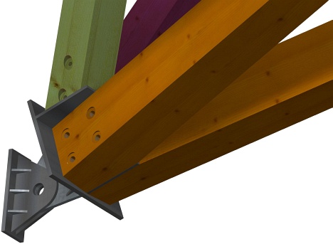 Detailní konstrukční řešení styku více dřevěných prvků jdoucíhcz různých směrů