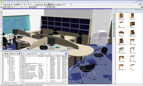 Prostředí ArConu při návrhu kanceláře včetně cenové kalkulace