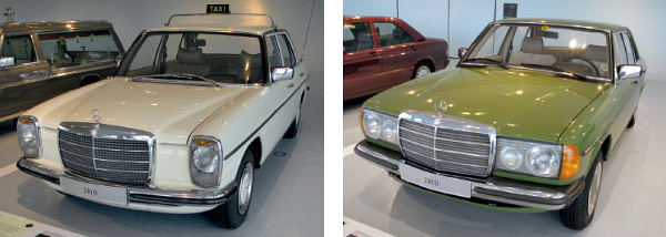 Obr. 20 Mercedes-Benz 240 D, opora taxikářů (W115-1968), a novější věrný společník MB 240 D (W123-1976)